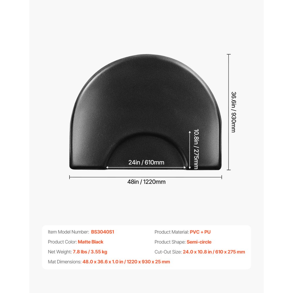 VEVOR Tappetino da Salone per Parrucchieri 1220 x 930 mm Tappetino Semicircolare per Sedia da Salone, 25 mm di Spessore, con Taglio Rotondo, Facile da Pulire e Bordi Smussati Anti-Inciampo, Nero Opaco