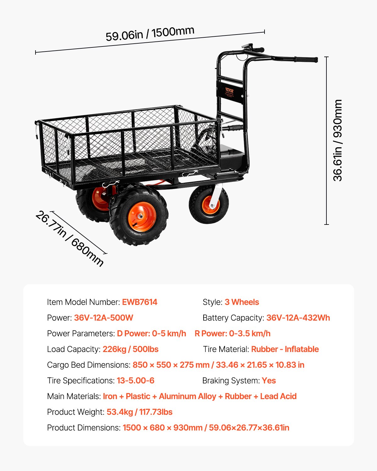 VEVOR Carrello Elettrico di Servizio in Acciaio Alimentato, Carro di Potenza, Capacità 226 kg Carrello da Giardino a Batteria 36 V 432 W con Freno, Carro Elettrico di Assistenza per Impieghi Gravosi