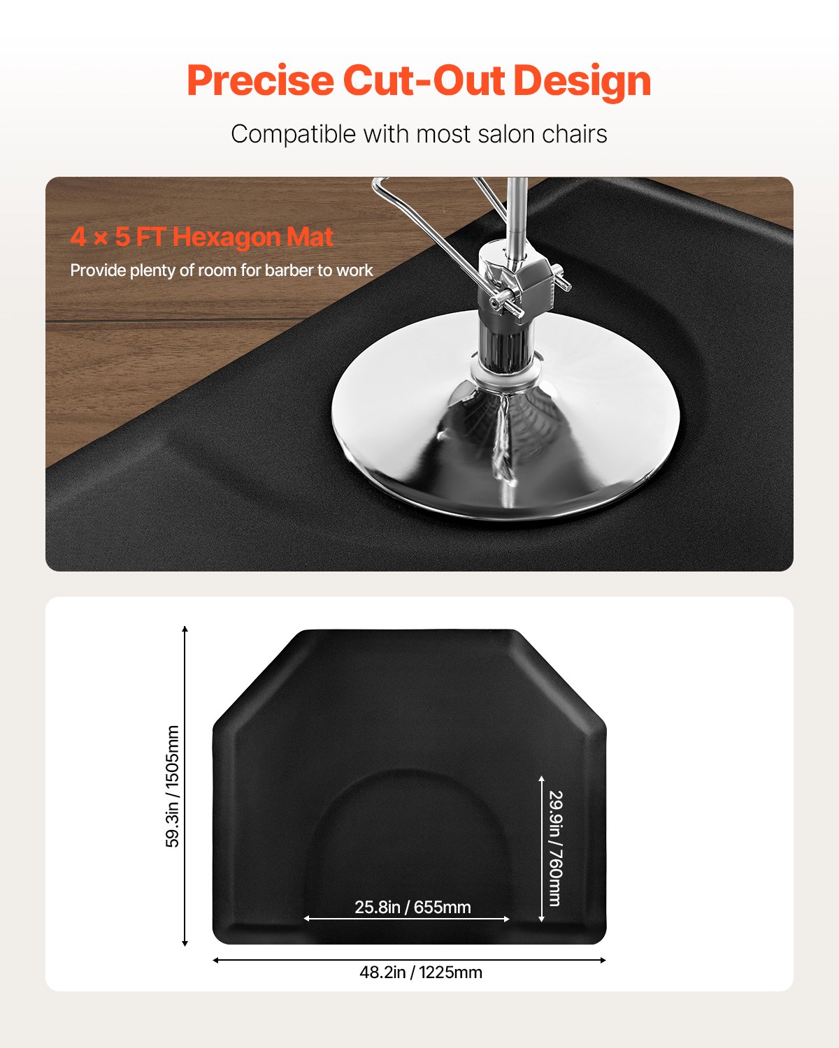 VEVOR Tappetino da Salone per Parrucchieri 1225 x 1505 mm Tappetino Esagonale per Sedia da Salone, 13 mm di Spessore, con Taglio Rotondo, Facile da Pulire e Bordi Smussati Anti-Inciampo, Nero Opaco