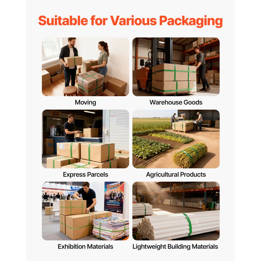 VEVOR Set di Reggiatura per Cinghie Plastiche, Kit di Reggiatura Manuale, Tendireggia e Sigillatrice con Reggia in PET da 304,8 m e 300 Sigilli Metallici, per Imballaggio di Pallet, Magazzino Trasloco