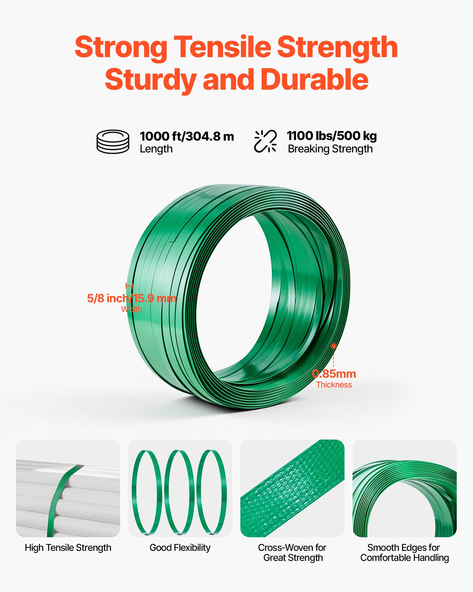 VEVOR Set di Reggiatura per Cinghie Plastiche, Kit di Reggiatura Manuale, Tendireggia e Sigillatrice con Reggia in PET da 304,8 m e 300 Sigilli Metallici, per Imballaggio di Pallet, Magazzino Trasloco