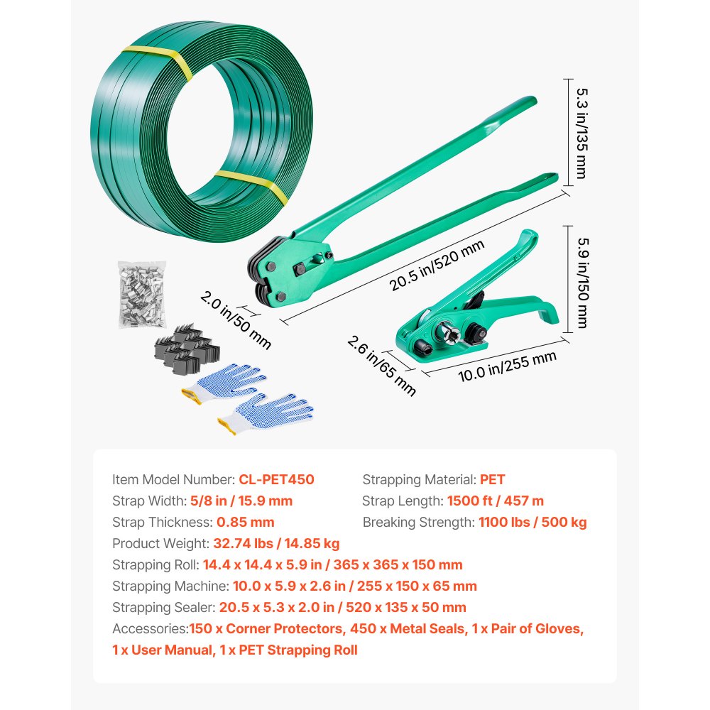 VEVOR Banding Strapping Kit, Heavy Duty Banding Sealer Tool with 457m PET Band, 450 Metal Seals, 150 Corner Protectors & Gloves, Plastic Pallet Packaging Strapping Kit for Warehouse/Shipping/Moving