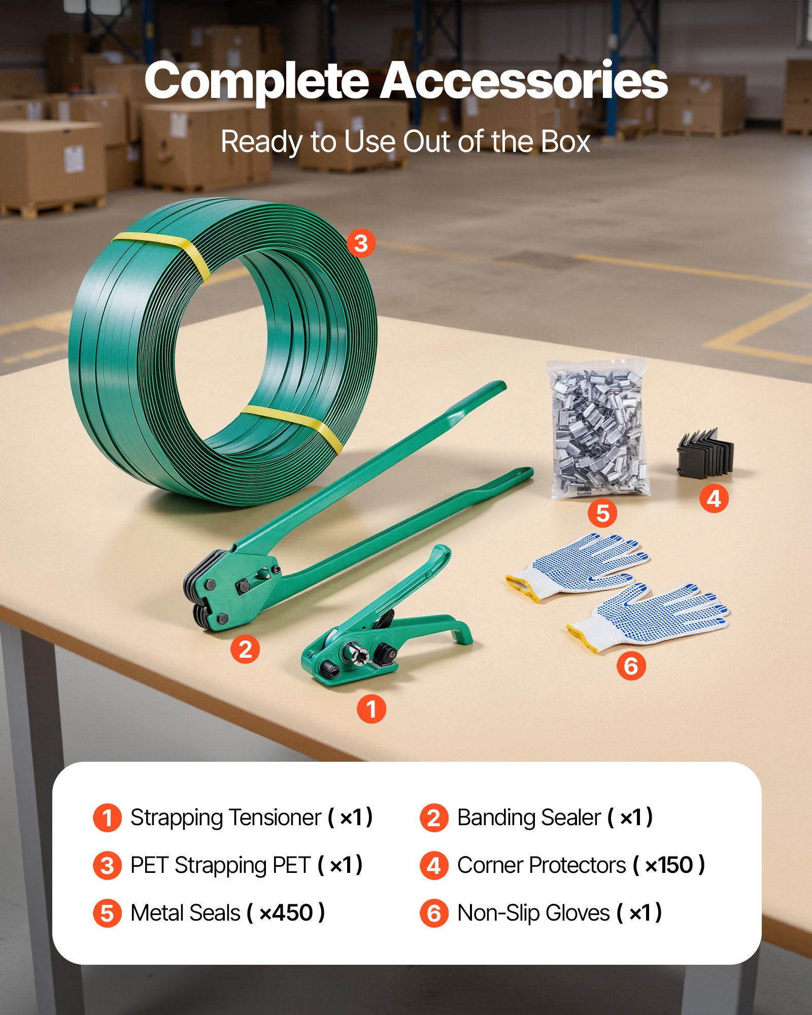 VEVOR Banding Strapping Kit, Heavy Duty Banding Sealer Tool with 457m PET Band, 450 Metal Seals, 150 Corner Protectors & Gloves, Plastic Pallet Packaging Strapping Kit for Warehouse/Shipping/Moving