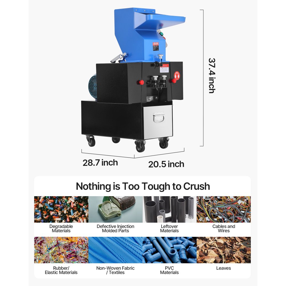 VEVOR Macchina Trituratrice di Plastica, 3 CV/2,2 kW Trituratore per Materie Plastiche, Capacità 100-150 kg/h con Ruote, Lama SDK-11 e Maglia da 6 mm per PVC ABS PTFE, 380 V 50 Hz Trifase