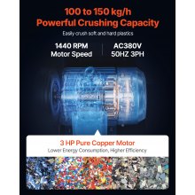 VEVOR Macchina Trituratrice di Plastica, 3 CV/2,2 kW Trituratore per Materie Plastiche, Capacità 100-150 kg/h con Ruote, Lama SDK-11 e Maglia da 6 mm per PVC ABS PTFE, 380 V 50 Hz Trifase