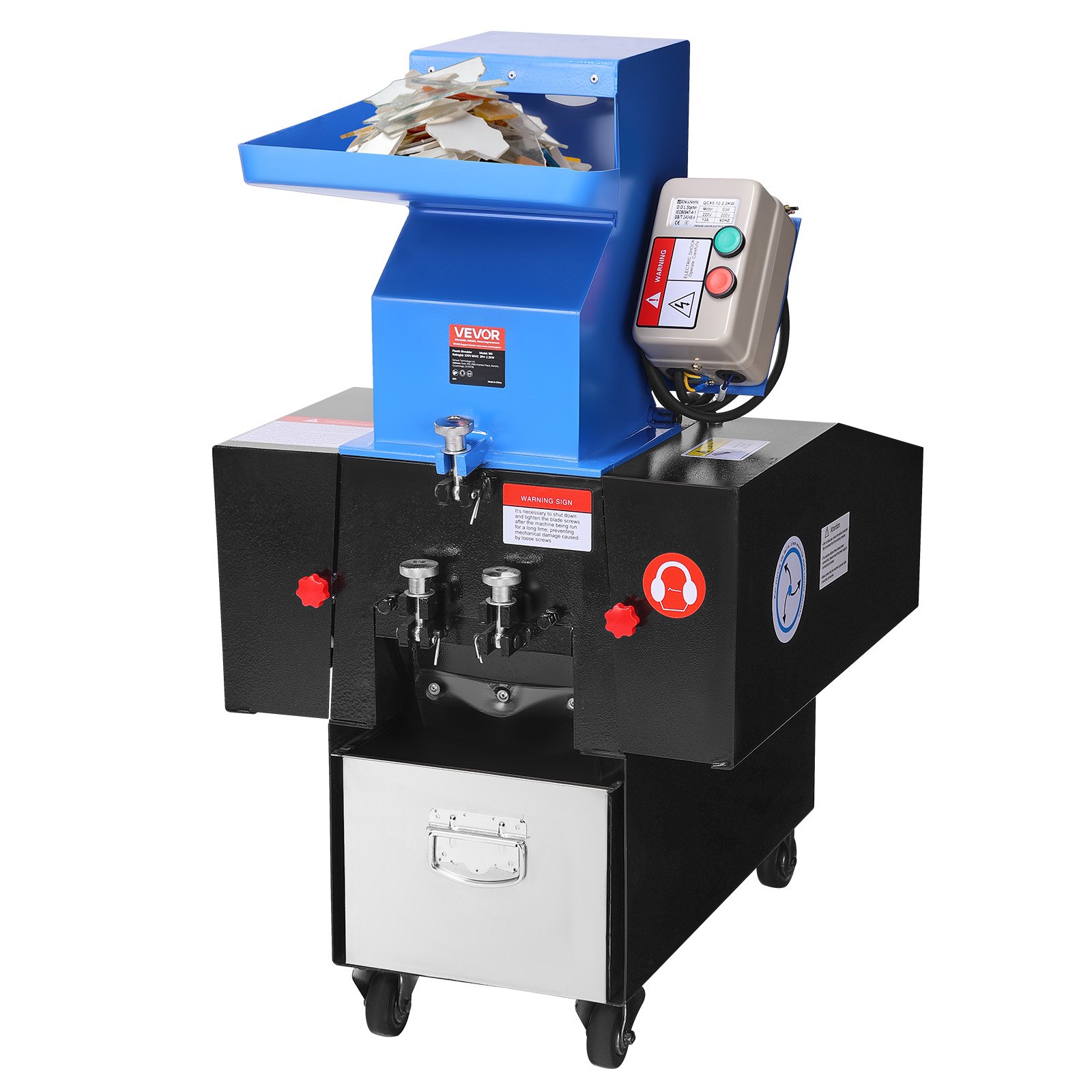 VEVOR Macchina Trituratrice di Plastica, 3 CV/2,2 kW Trituratore per Materie Plastiche, Capacità 100-150 kg/h con Ruote, Lama SDK-11 e Maglia da 6 mm per PVC ABS PTFE, 380 V 50 Hz Trifase