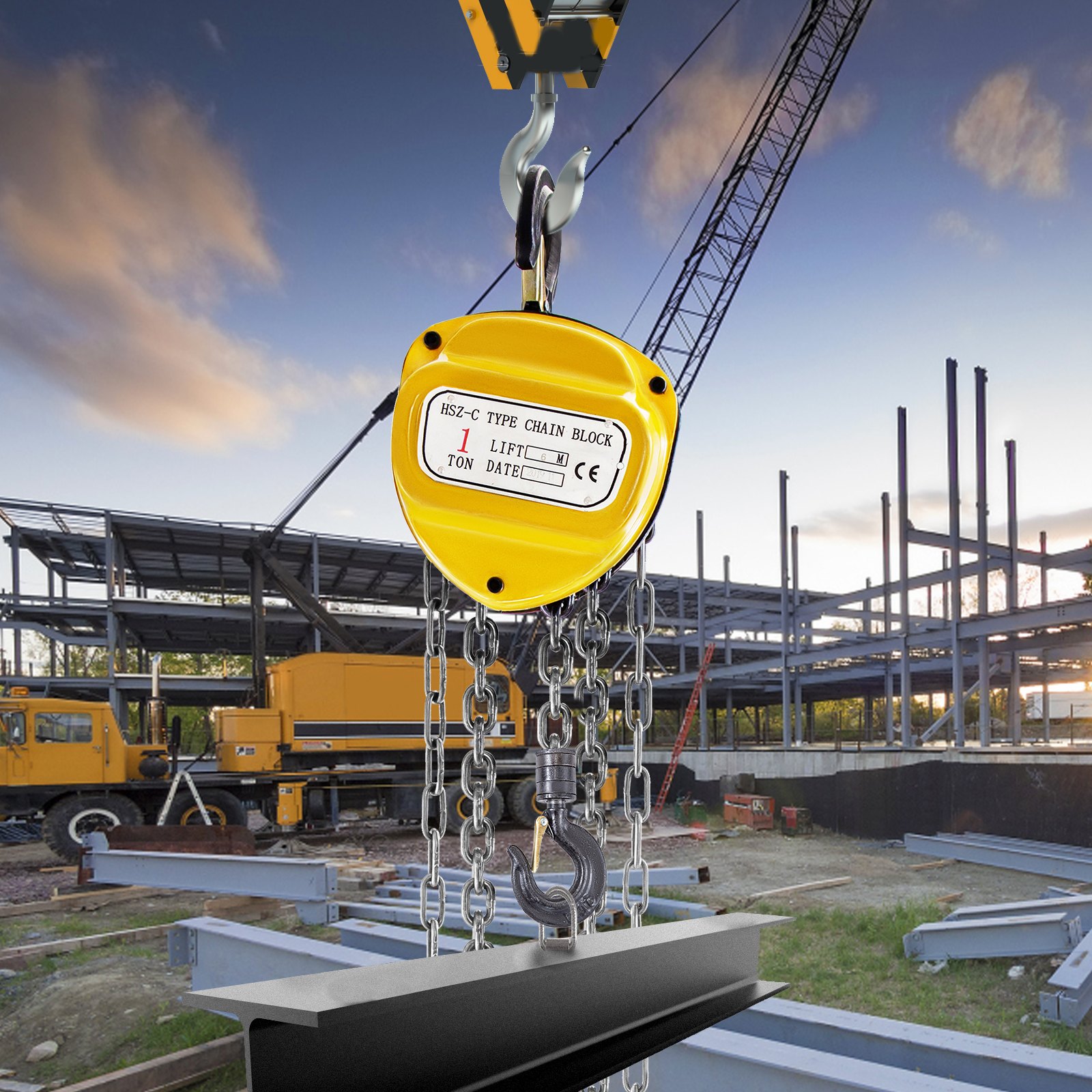 VEVOR Verricello Elettrico Blocco Catena 2200lbs/1ton per Paranco Manuale Giallo Paranco a Catena 6m in Blocco Con Leva Di Sollevamento