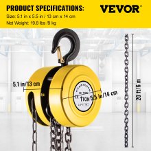 VEVOR Paranco a Catena Manuale Altezza 6M Capacità 1T in Forma Rotonda Giallo