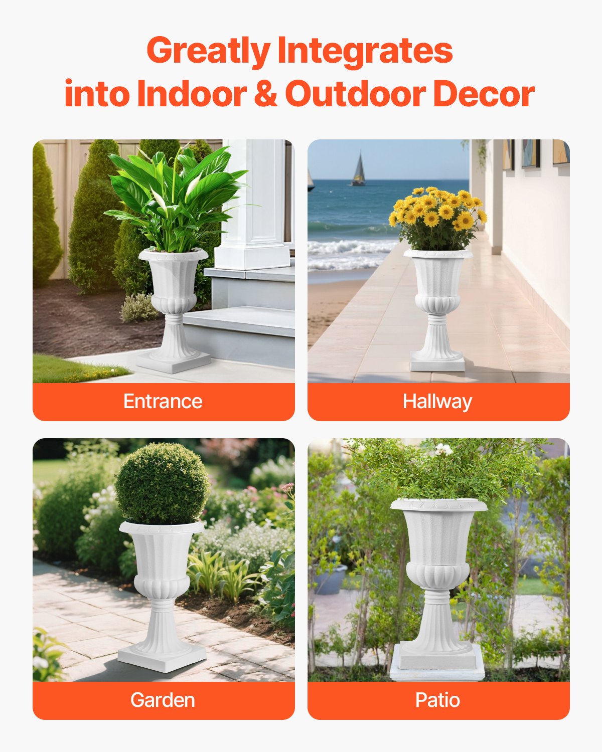 VEVOR Vaso per Fioriere in Plastica 25 x 42 cm, Vaso da Fiori Classico, Set da 2, Urna da Giardino per Piante Urna in Plastica da Fiori per Interni, Esterni, Eventi, Palcoscenici, Ingressi, Bianco