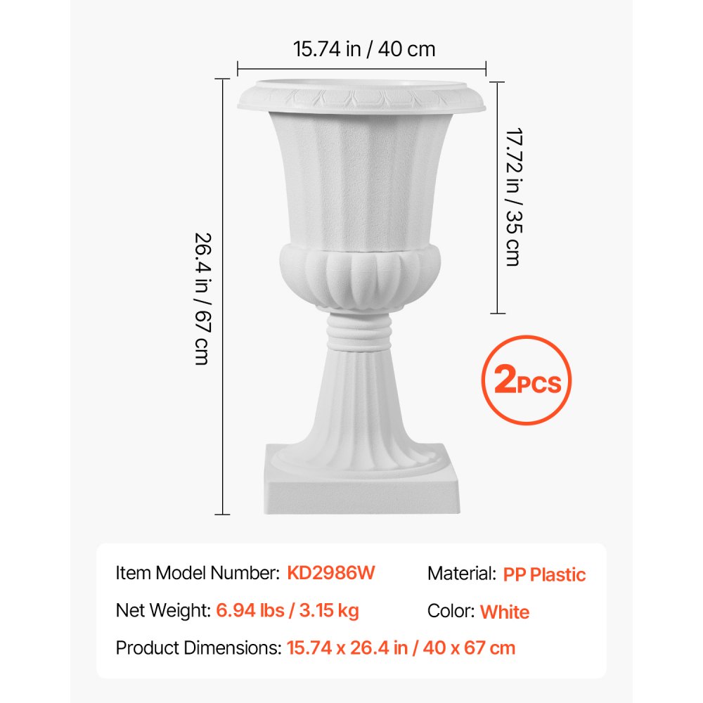VEVOR Vaso per Fioriere in Plastica 40 x 67 cm, Vaso da Fiori Classico, Set da 2, Urna da Giardino per Piante Urna in Plastica da Fiori per Interni, Esterni, Eventi, Palcoscenici, Ingressi, Bianco