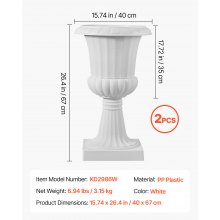 VEVOR Vaso per Fioriere in Plastica 40 x 67 cm, Vaso da Fiori Classico, Set da 2, Urna da Giardino per Piante Urna in Plastica da Fiori per Interni, Esterni, Eventi, Palcoscenici, Ingressi, Bianco