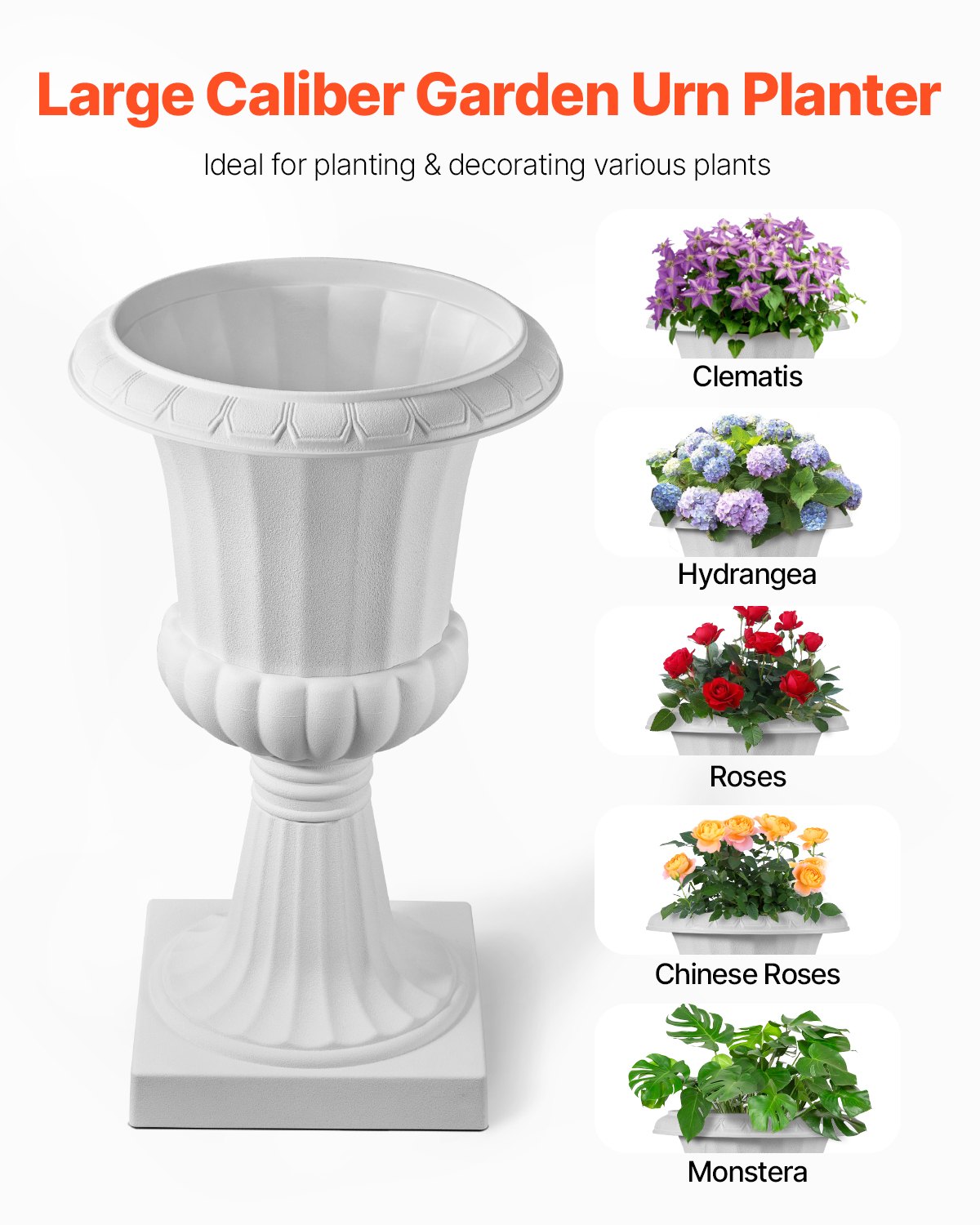 VEVOR Vaso per Fioriere in Plastica 40 x 67 cm, Vaso da Fiori Classico, Set da 2, Urna da Giardino per Piante Urna in Plastica da Fiori per Interni, Esterni, Eventi, Palcoscenici, Ingressi, Bianco