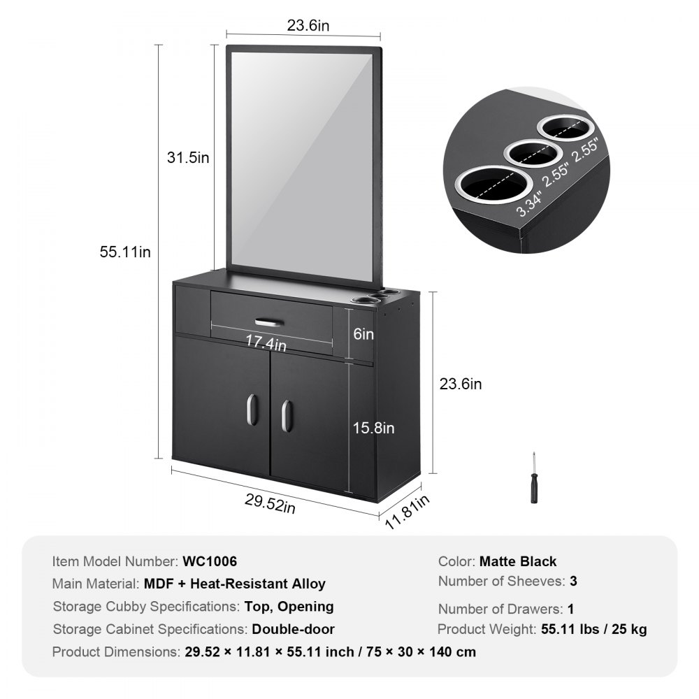 VEVOR Mobiletto Portaoggetti per Salone 75 x 30 x 140 cm Set Postazione per Parrucchiere Montata a Parete per Parrucchiere, con 3 Maniche, Uno Specchio, Armadietto a Doppia Anta e Un Cassetto, Nero