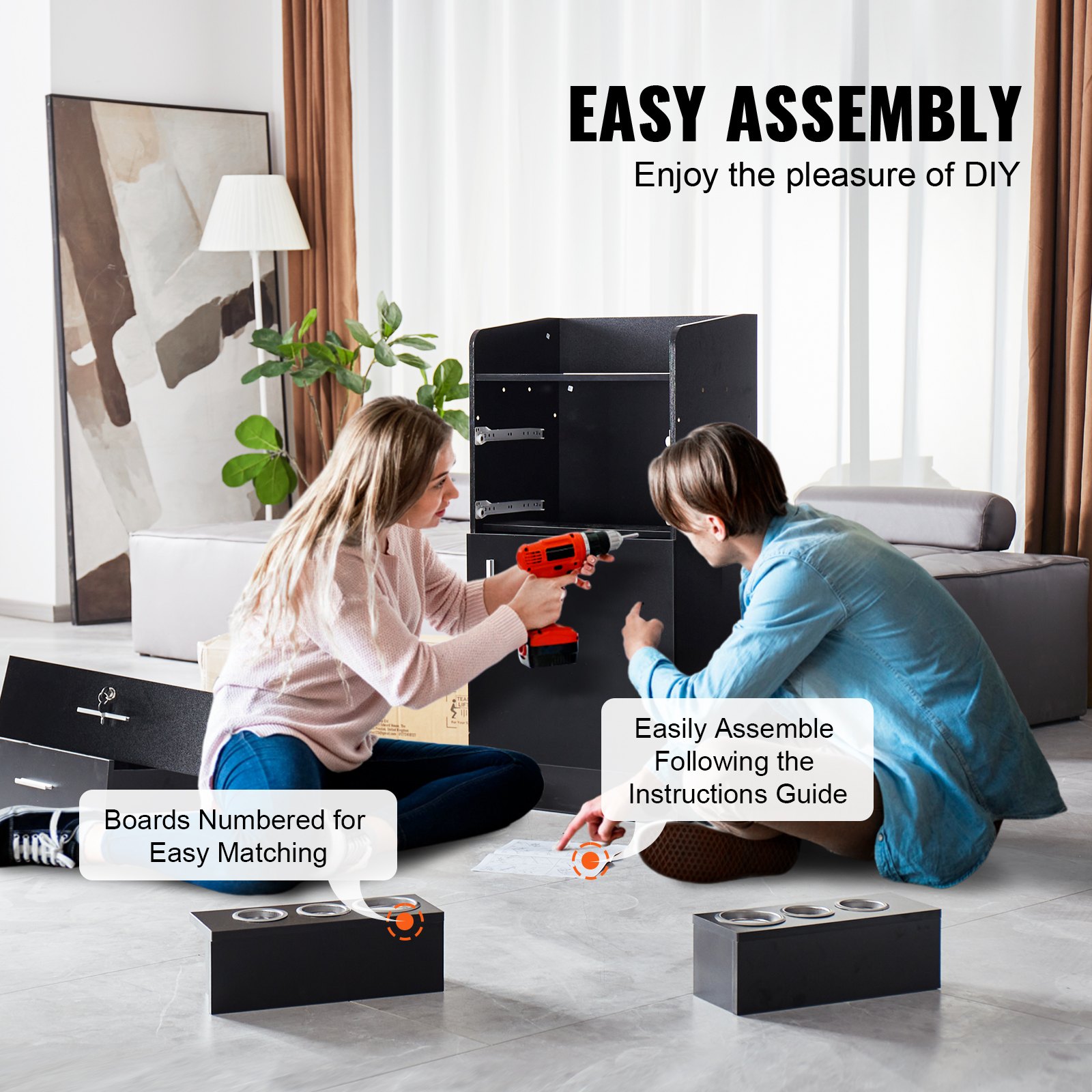 VEVOR Mobiletto Portaoggetti per Salone 69 x 35 x 96,5 cm Stazione per Parrucchiere per Parrucchiere, Set Postazione per Parrucchiere, con 6 Maniche, 1 Armadietto, 2 Cassetti (Uno con Serratura), Nero