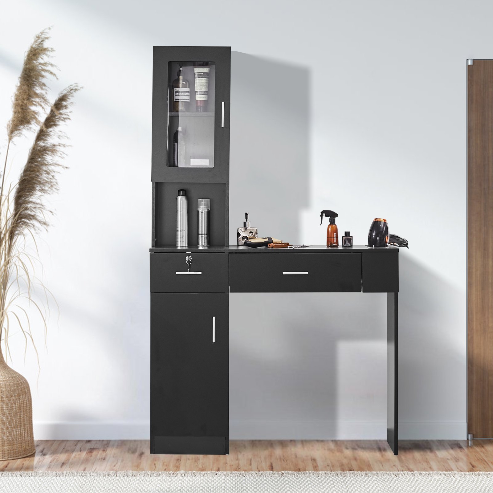 VEVOR Salon Station, Wall Mounted, Hair Salon Station for Hairdressers, Beauty Spa Furniture Set, 1 Storage Cabinet, 3 Shelves and 2 Drawers (one lockable), Black, 102.8 x 30 x 170 cm