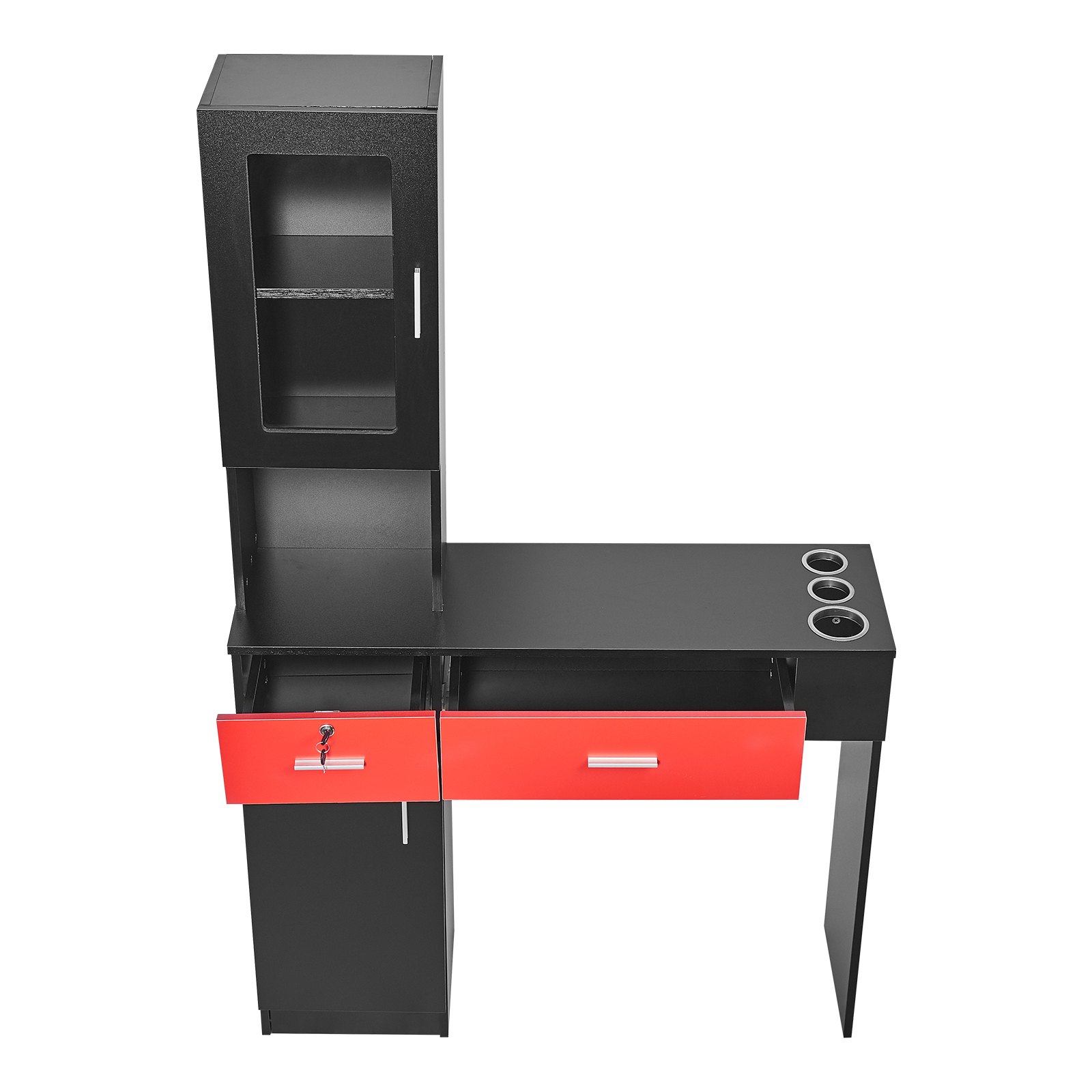 VEVOR Stazione per Salone 102,8 x 30 x 170 cm Stazione per Parrucchiere da Barbiere Montaggio a Parete, Set di Mobili, 1 Armadietto, 3 Piccoli Armadietti, 2 Cassetti (Uno con Serratura), Nero e Rosso