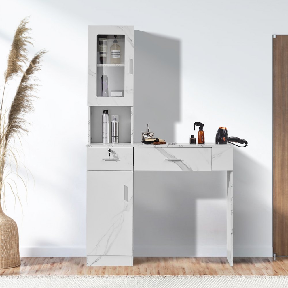 VEVOR Stazione per Salone 102,8 x 30 x 170 cm Stazione per Parrucchiere da Barbiere Montaggio a Parete, Set di Mobili, 1 Armadietto, 3 Piccoli Armadietti, 2 Cassetti (Uno con Serratura),  Bianco