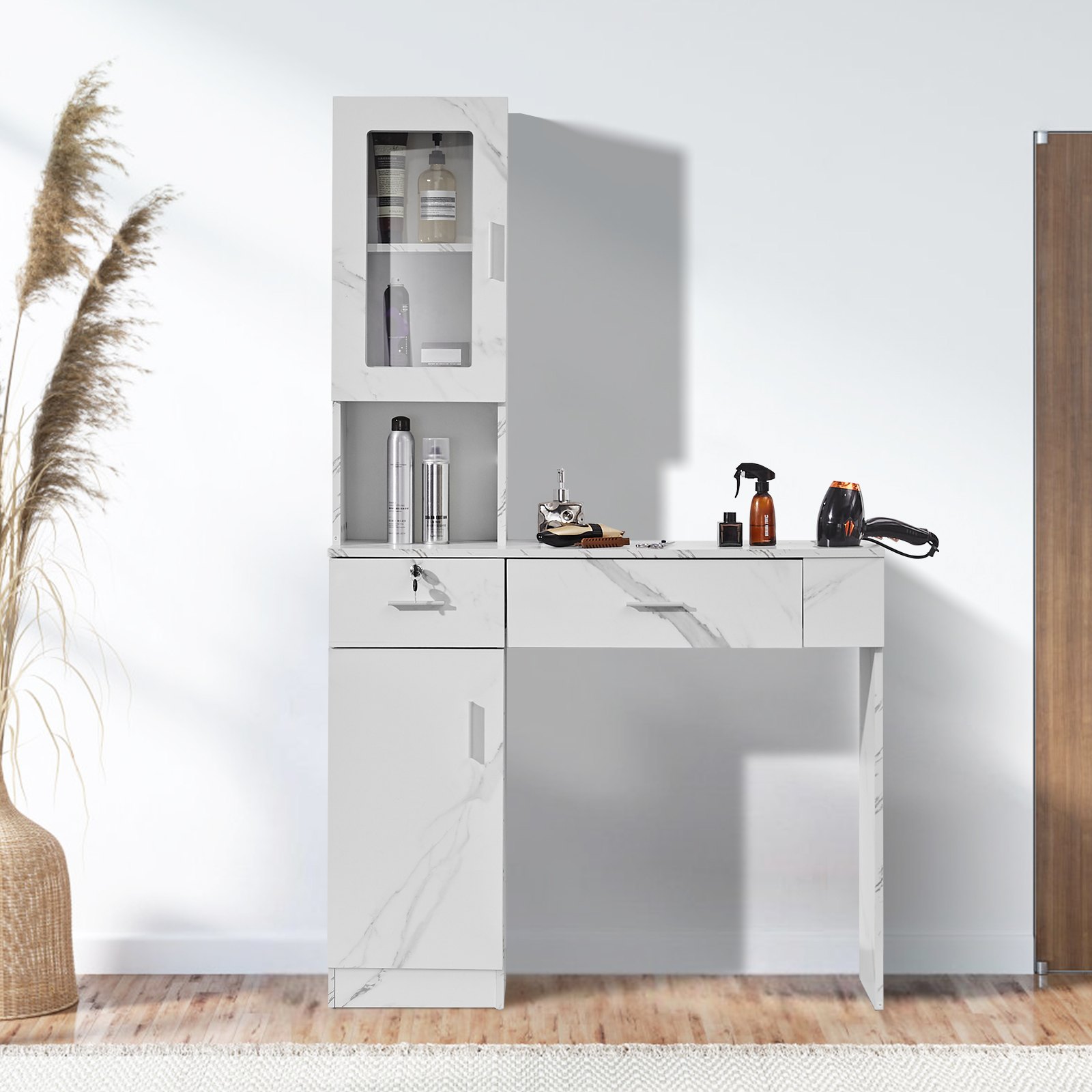 VEVOR Salon Station, Wall Mounted, Hair Salon Station for Hairdressers, Beauty Spa Furniture Set, 1 Storage Cabinet, 3 Shelves and 2 Drawers (one lockable), White, 102.8 x 30 x 170 cm