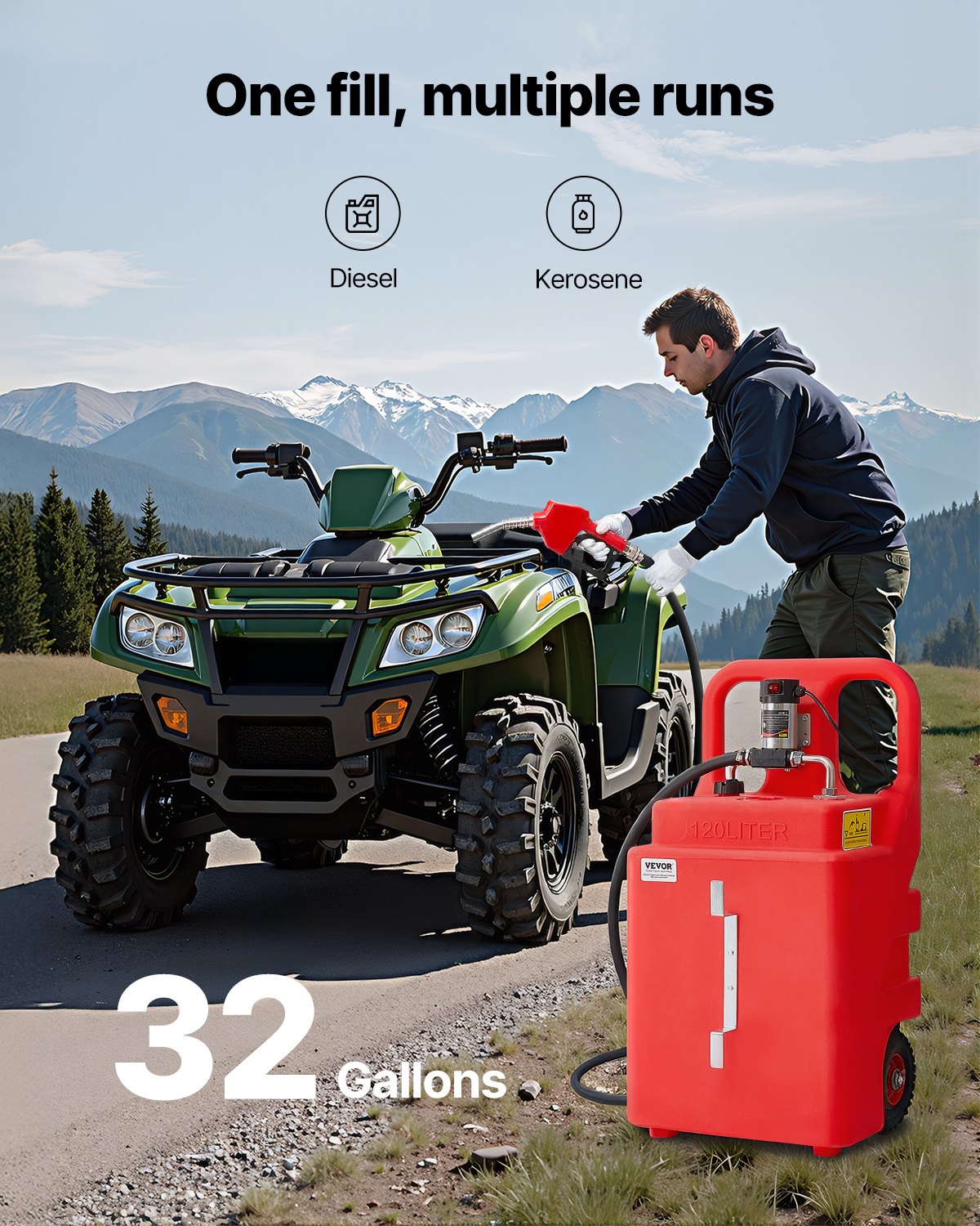 VEVOR Serbatoio di Carburante Portatile 121,13 L Contenitore di Benzina, Pompa di Trasferimento del Carburante Elettrica 12 V CC 45,46 L/min Tubo di Mandata 3,96 m per Generatori, Diesel e Cherosene