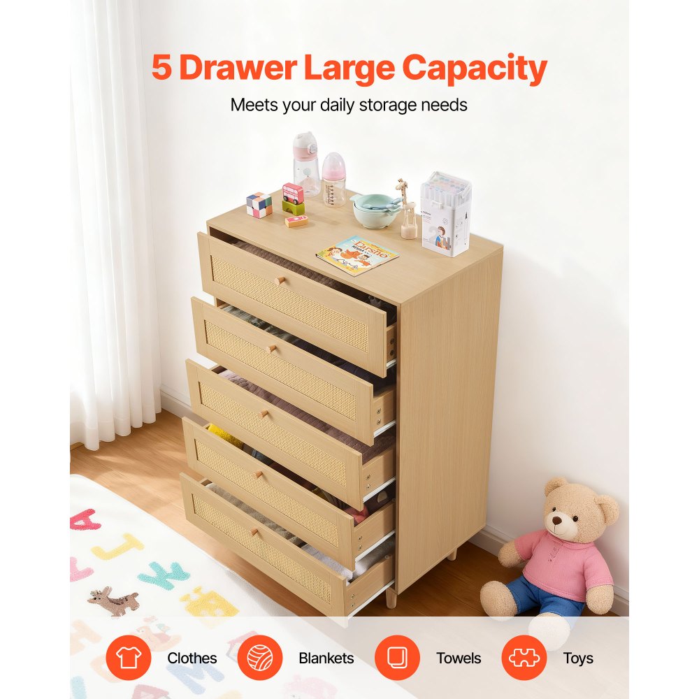 VEVOR 5 Drawer Rattan Dresser, Modern Closet Dresser for Bedroom, Natural Rattan Chest of Drawers with Metal Handles & Wooden Legs, Chest Clothing Organizer & Storage for Bedroom, Living Room, Hallway