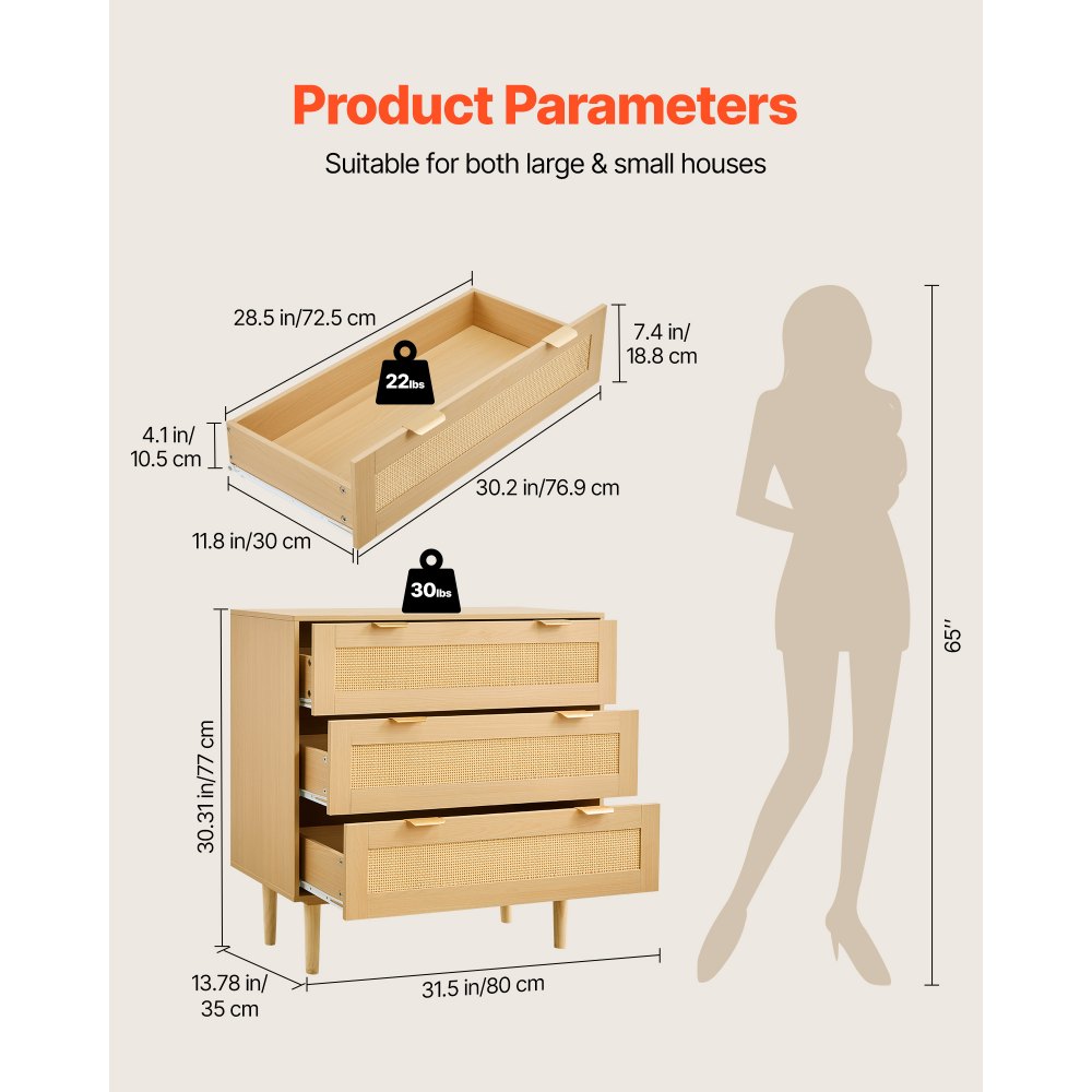 VEVOR Credenza con Armadio Rattan Intrecciato da 80 x 35 x 77 cm, Carico di 13,61 kg con 3 Cassetti e Maniglie in Metallo, Mobiletto Moderno in Rattan per Camera da Letto, Soggiorno, Corridoio