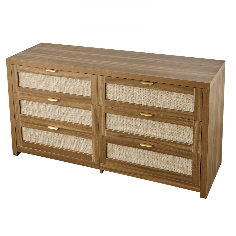 VEVOR Credenza con Armadio Rattan Intrecciato da 144,5 x 45 x 79,5 cm, Carico di 91 kg con 6 Cassetti e Maniglie in Metallo, Mobiletto Moderno in Rattan per Camera da Letto, Marrone Nocciola