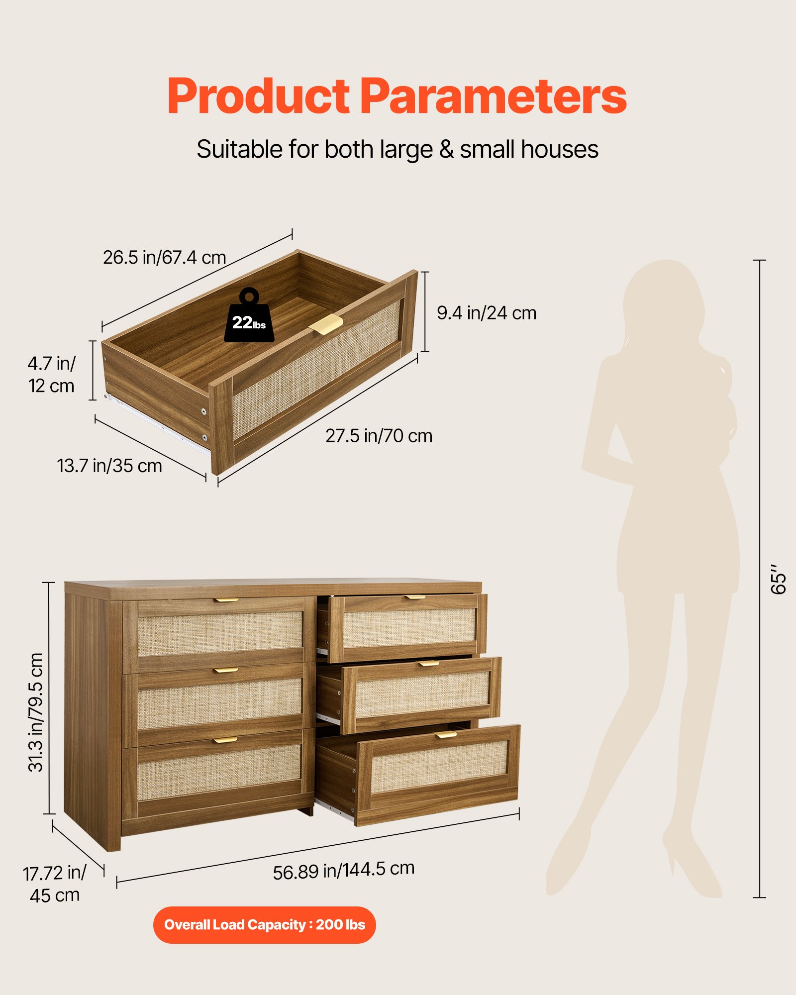 VEVOR Credenza con Armadio Rattan Intrecciato da 144,5 x 45 x 79,5 cm, Carico di 91 kg con 6 Cassetti e Maniglie in Metallo, Mobiletto Moderno in Rattan per Camera da Letto, Marrone Nocciola