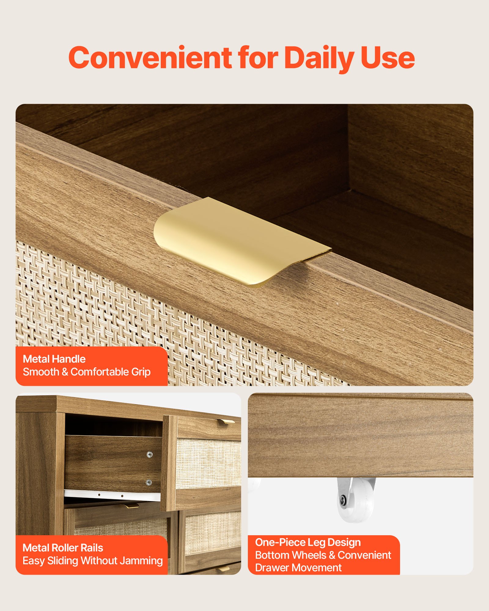 VEVOR Credenza con Armadio Rattan Intrecciato da 144,5 x 45 x 79,5 cm, Carico di 91 kg con 6 Cassetti e Maniglie in Metallo, Mobiletto Moderno in Rattan per Camera da Letto, Marrone Nocciola