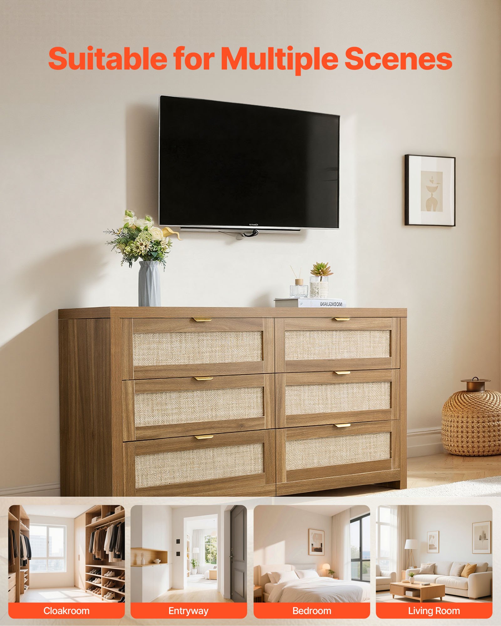 VEVOR Credenza con Armadio Rattan Intrecciato da 144,5 x 45 x 79,5 cm, Carico di 91 kg con 6 Cassetti e Maniglie in Metallo, Mobiletto Moderno in Rattan per Camera da Letto, Marrone Nocciola