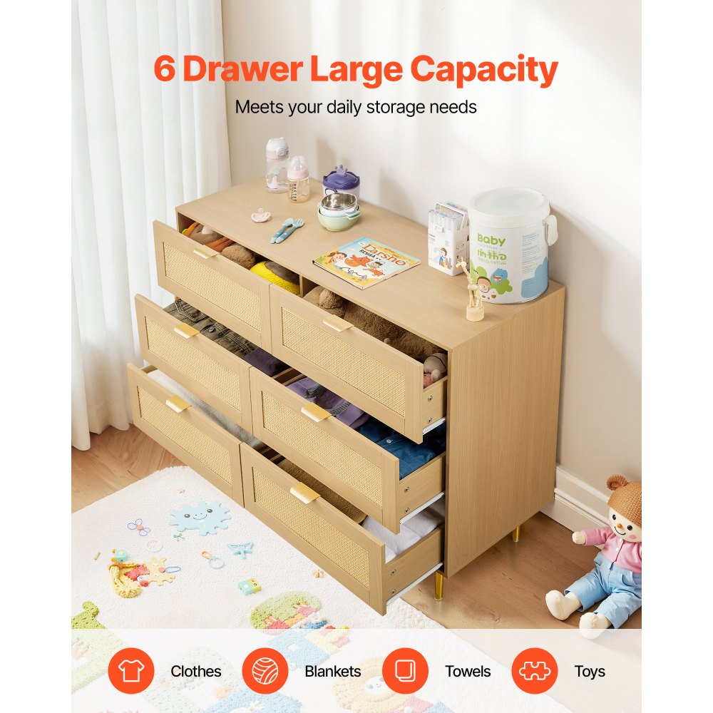 VEVOR Credenza con Armadio Rattan Intrecciato da 120 x 39,5 x 85,4 cm con 6 Cassetti e Maniglie e Gambe in Metallo, Moderno Mobiletto in Rattan per Camera da Letto, Soggiorno, Corridoio