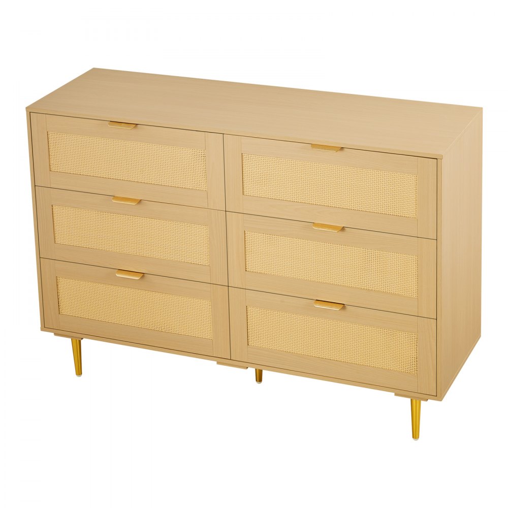 VEVOR Credenza con Armadio Rattan Intrecciato da 120 x 39,5 x 85,4 cm con 6 Cassetti e Maniglie e Gambe in Metallo, Moderno Mobiletto in Rattan per Camera da Letto, Soggiorno, Corridoio