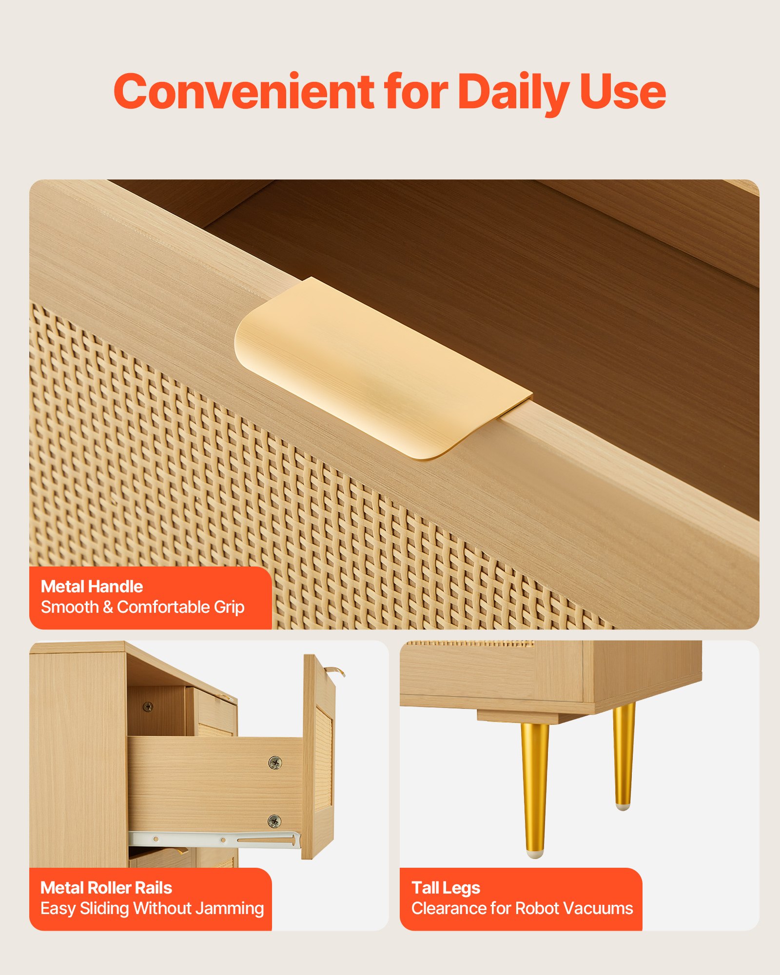 VEVOR Credenza con Armadio Rattan Intrecciato da 120 x 39,5 x 85,4 cm con 6 Cassetti e Maniglie e Gambe in Metallo, Moderno Mobiletto in Rattan per Camera da Letto, Soggiorno, Corridoio