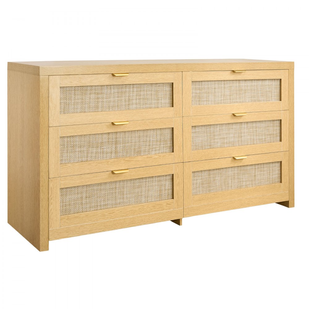 VEVOR 6 Drawer Rattan Dresser, Double Dresser for Bedroom, Natural Rattan Chest of Drawer with Metal Handle, Modern Wood Chest Clothing Organizer & Storage for Bedroom, Living Room, Hallway, Burlywood