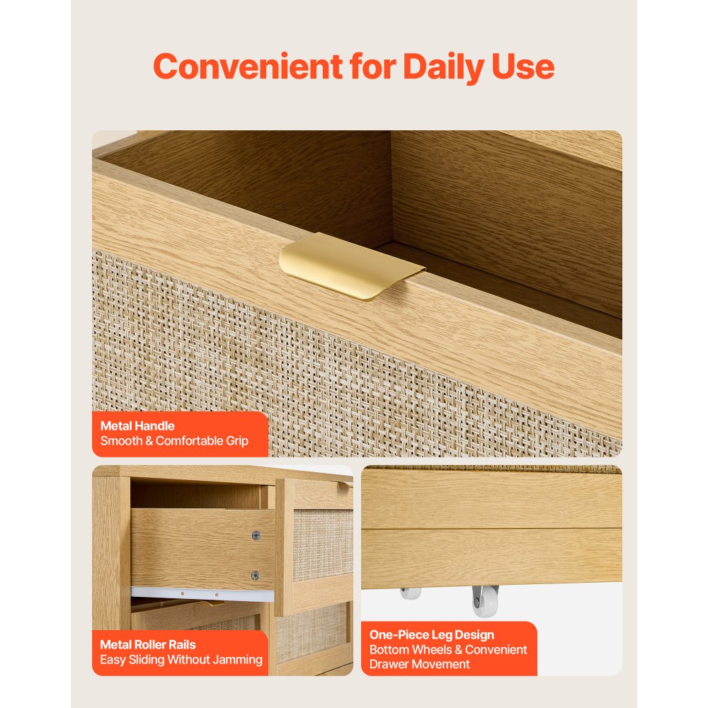 VEVOR Credenza con Armadio Rattan Intrecciato da 144,5 x 45 x 79,5 cm, Carico di 91 kg con 6 Cassetti e Maniglie in Metallo, Mobiletto Moderno in Rattan per Camera da Letto, Soggiorno, Corridoio