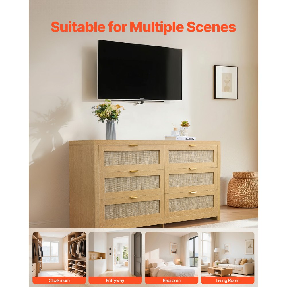 VEVOR Credenza con Armadio Rattan Intrecciato da 144,5 x 45 x 79,5 cm, Carico di 91 kg con 6 Cassetti e Maniglie in Metallo, Mobiletto Moderno in Rattan per Camera da Letto, Soggiorno, Corridoio