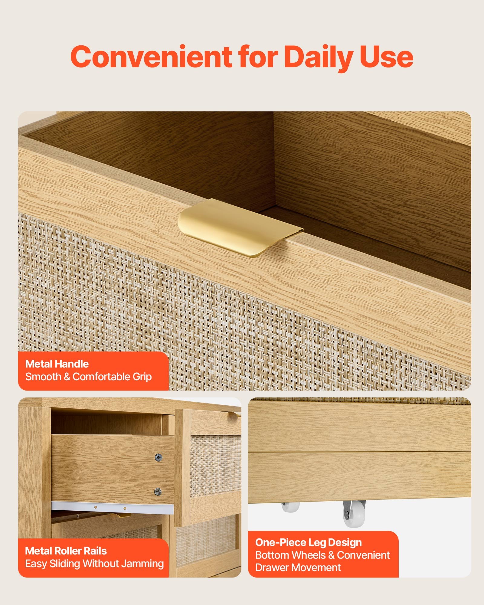 VEVOR 6 Drawer Rattan Dresser, Double Dresser for Bedroom, Natural Rattan Chest of Drawer with Metal Handle, Modern Wood Chest Clothing Organizer & Storage for Bedroom, Living Room, Hallway, Burlywood