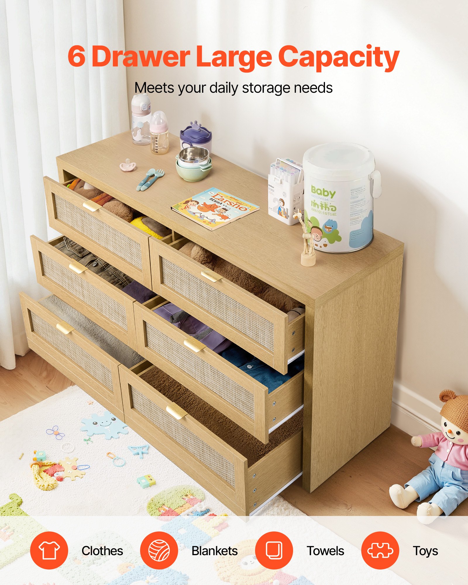 VEVOR Credenza con Armadio Rattan Intrecciato da 144,5 x 45 x 79,5 cm, Carico di 91 kg con 6 Cassetti e Maniglie in Metallo, Mobiletto Moderno in Rattan per Camera da Letto, Soggiorno, Corridoio