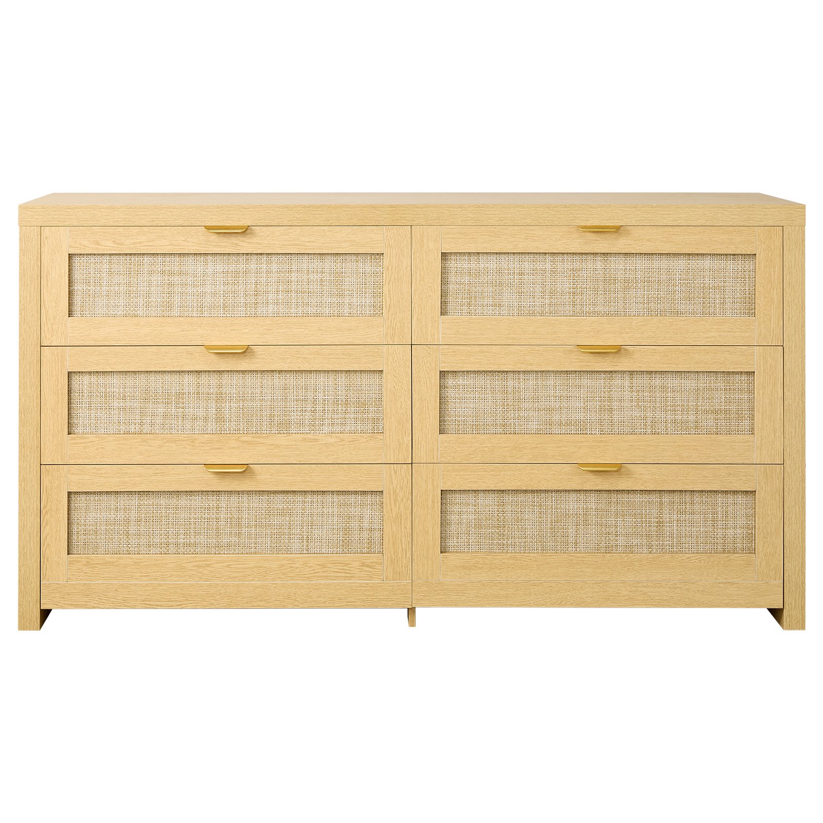 VEVOR Credenza con Armadio Rattan Intrecciato da 144,5 x 45 x 79,5 cm, Carico di 91 kg con 6 Cassetti e Maniglie in Metallo, Mobiletto Moderno in Rattan per Camera da Letto, Soggiorno, Corridoio