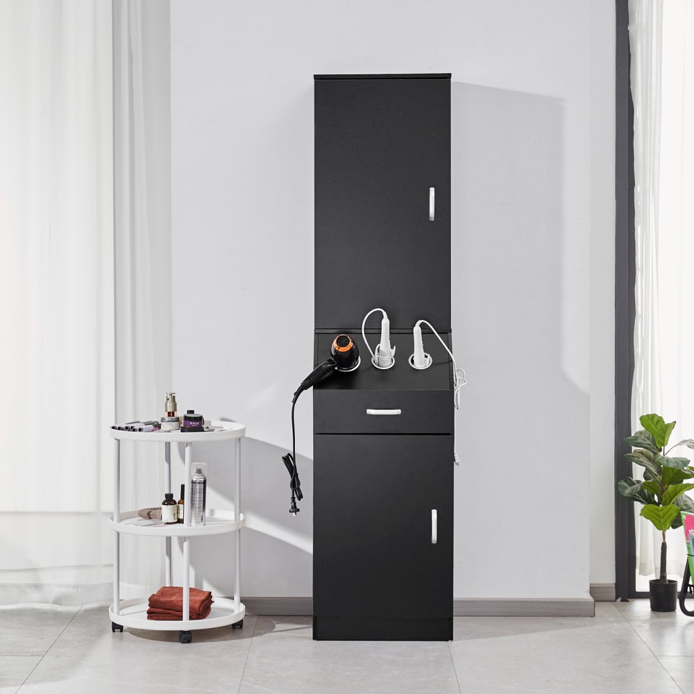 VEVOR Mobiletto per Parrucchiere 44 x 40 x 180 cm Mobiletto Portaoggetti per Salone 22,6 kg Set Postazione per Parrucchiere, con 3 Supporti per Asciugacapelli, Armadietti e Un Cassetto, Nero Opaco