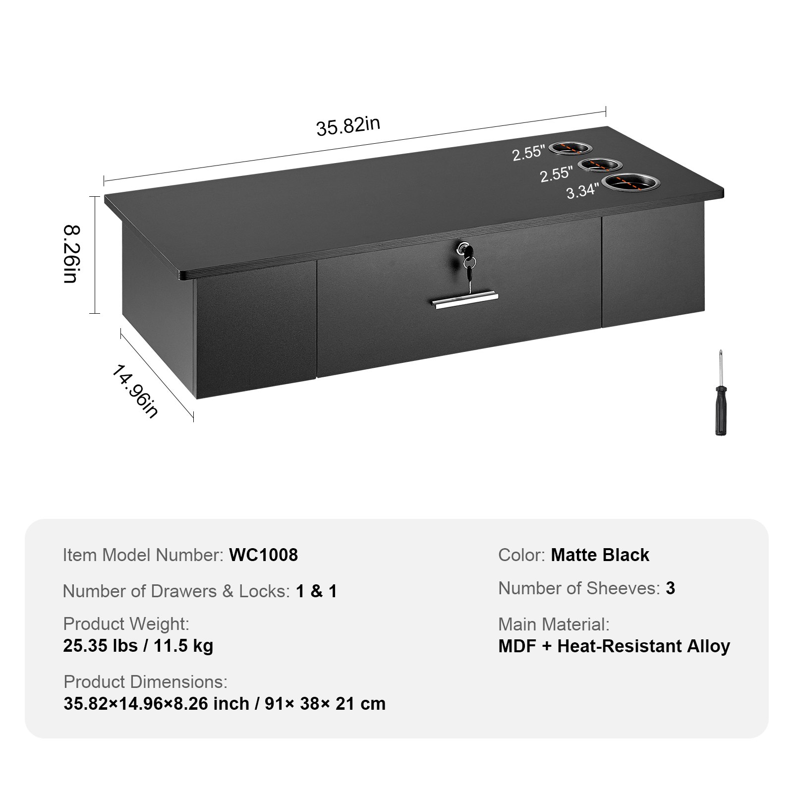 VEVOR Stazione di Montaggio a Parete per Salone 91 x 38 x 21 cm Tavolo da Barbiere con 3 Supporti per Asciugacapelli, Un Cassetto con Serratura, Attrezzatura per Salone di Bellezza, per Barbiere, Nero
