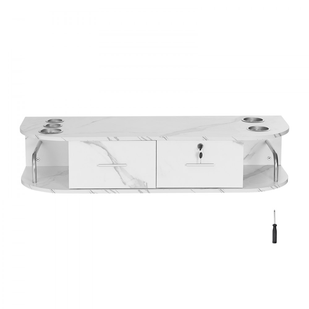 VEVOR Stazione di Montaggio a Parete per Salone 106 x 38 x 21,5 cm Tavolo da Barbiere, 5 Supporti per Asciugacapelli, 2 Cassetti (Uno con Serratura), Attrezzatura per Salone di Bellezza, Marmo Bianco