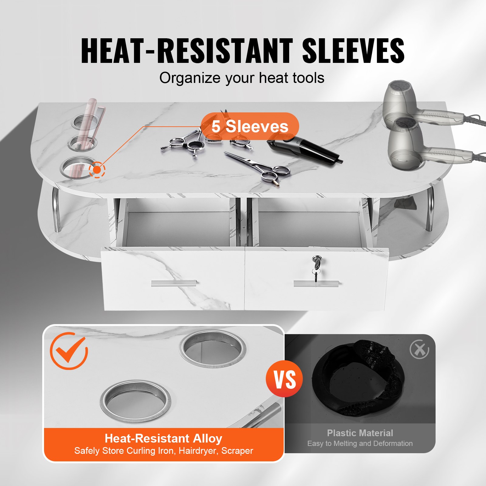 VEVOR Stazione di Montaggio a Parete per Salone 106 x 38 x 21,5 cm Tavolo da Barbiere, 5 Supporti per Asciugacapelli, 2 Cassetti (Uno con Serratura), Attrezzatura per Salone di Bellezza, Marmo Bianco