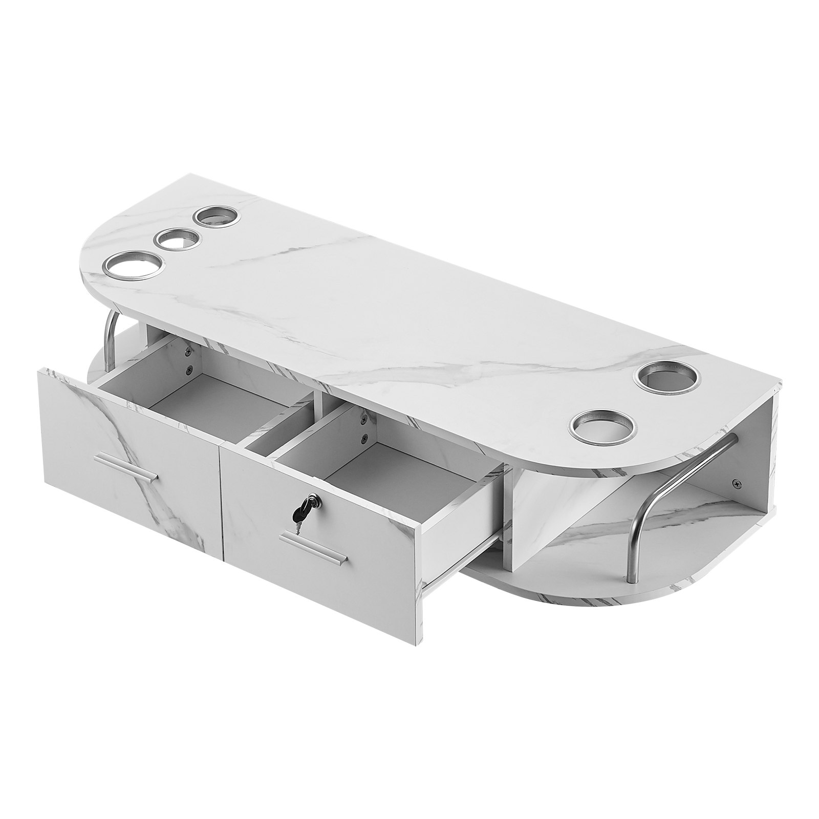 VEVOR Stazione di Montaggio a Parete per Salone 106 x 38 x 21,5 cm Tavolo da Barbiere, 5 Supporti per Asciugacapelli, 2 Cassetti (Uno con Serratura), Attrezzatura per Salone di Bellezza, Marmo Bianco