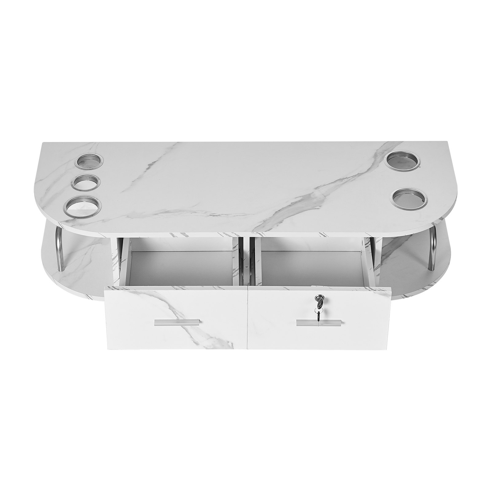 VEVOR Stazione di Montaggio a Parete per Salone 106 x 38 x 21,5 cm Tavolo da Barbiere, 5 Supporti per Asciugacapelli, 2 Cassetti (Uno con Serratura), Attrezzatura per Salone di Bellezza, Marmo Bianco