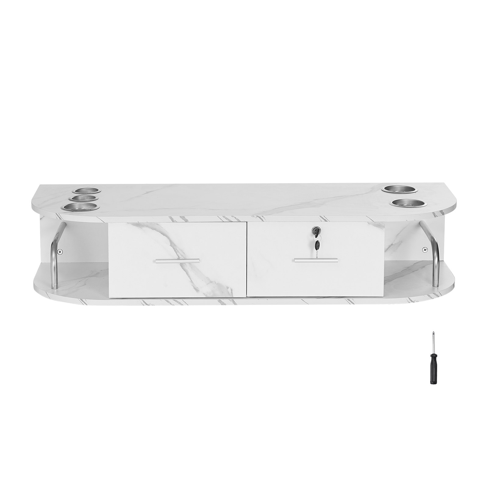VEVOR Stazione di Montaggio a Parete per Salone 106 x 38 x 21,5 cm Tavolo da Barbiere, 5 Supporti per Asciugacapelli, 2 Cassetti (Uno con Serratura), Attrezzatura per Salone di Bellezza, Marmo Bianco
