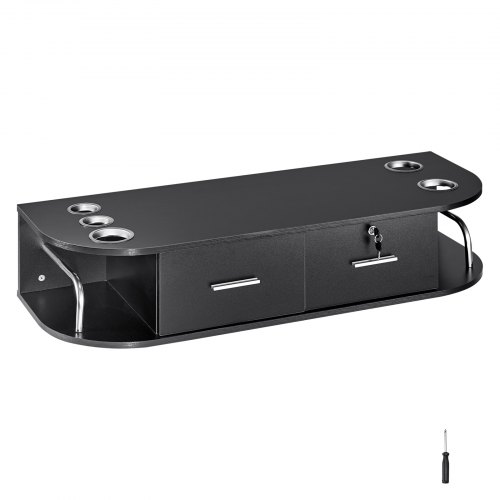 VEVOR Stazione di Montaggio a Parete per Salone 106 x 38 x 21,5 cm Tavolo da Barbiere con 5 Supporti per Asciugacapelli, 2 Cassetti (uno con Serratura), Attrezzatura per Salone di Bellezza, Nero