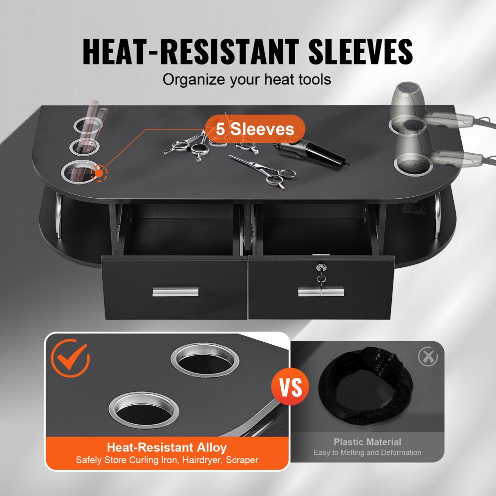 VEVOR Stazione di Montaggio a Parete per Salone 106 x 38 x 21,5 cm Tavolo da Barbiere con 5 Supporti per Asciugacapelli, 2 Cassetti (uno con Serratura), Attrezzatura per Salone di Bellezza, Nero