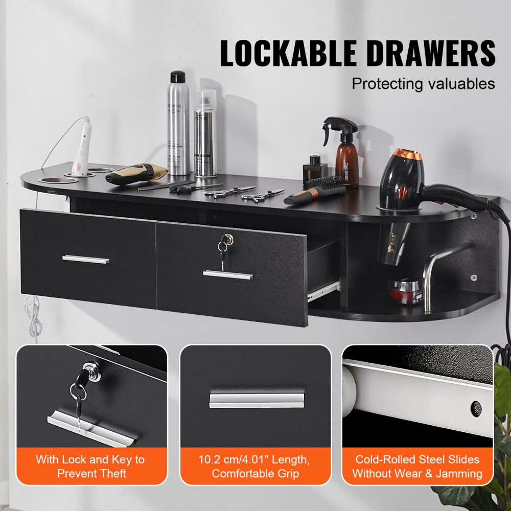 VEVOR Stazione di Montaggio a Parete per Salone 106 x 38 x 21,5 cm Tavolo da Barbiere con 5 Supporti per Asciugacapelli, 2 Cassetti (uno con Serratura), Attrezzatura per Salone di Bellezza, Nero