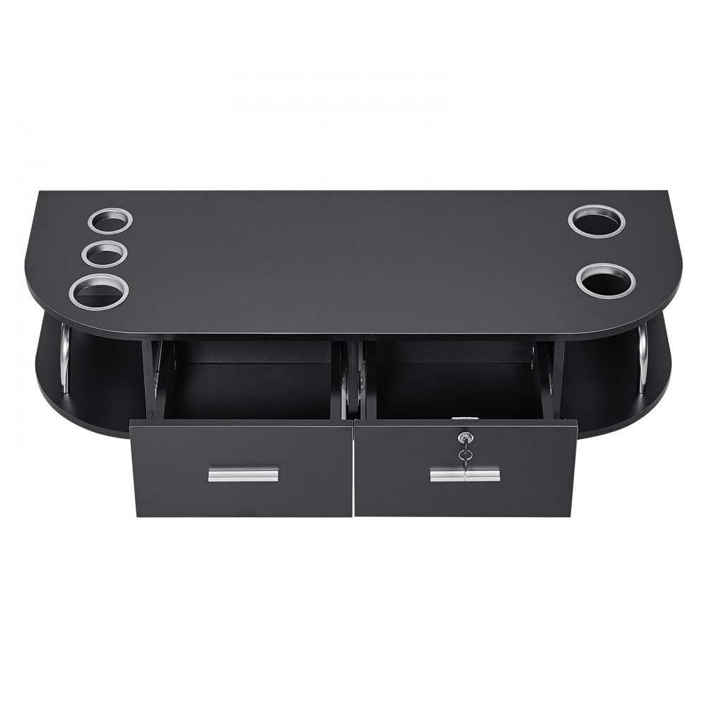 VEVOR Stazione di Montaggio a Parete per Salone 106 x 38 x 21,5 cm Tavolo da Barbiere con 5 Supporti per Asciugacapelli, 2 Cassetti (uno con Serratura), Attrezzatura per Salone di Bellezza, Nero