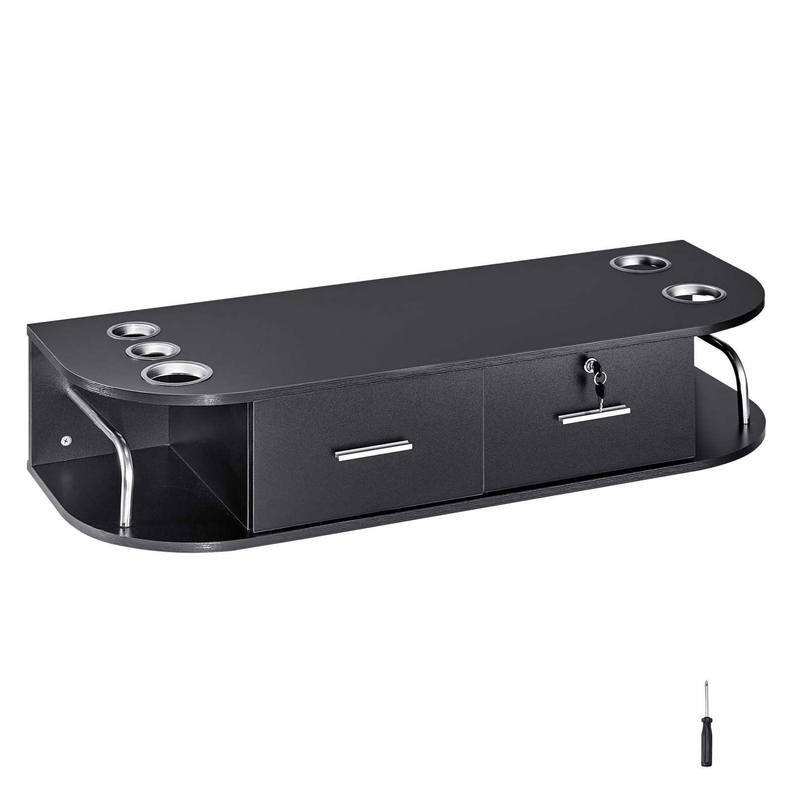 VEVOR Stazione di Montaggio a Parete per Salone 106 x 38 x 21,5 cm Tavolo da Barbiere con 5 Supporti per Asciugacapelli, 2 Cassetti (uno con Serratura), Attrezzatura per Salone di Bellezza, Nero